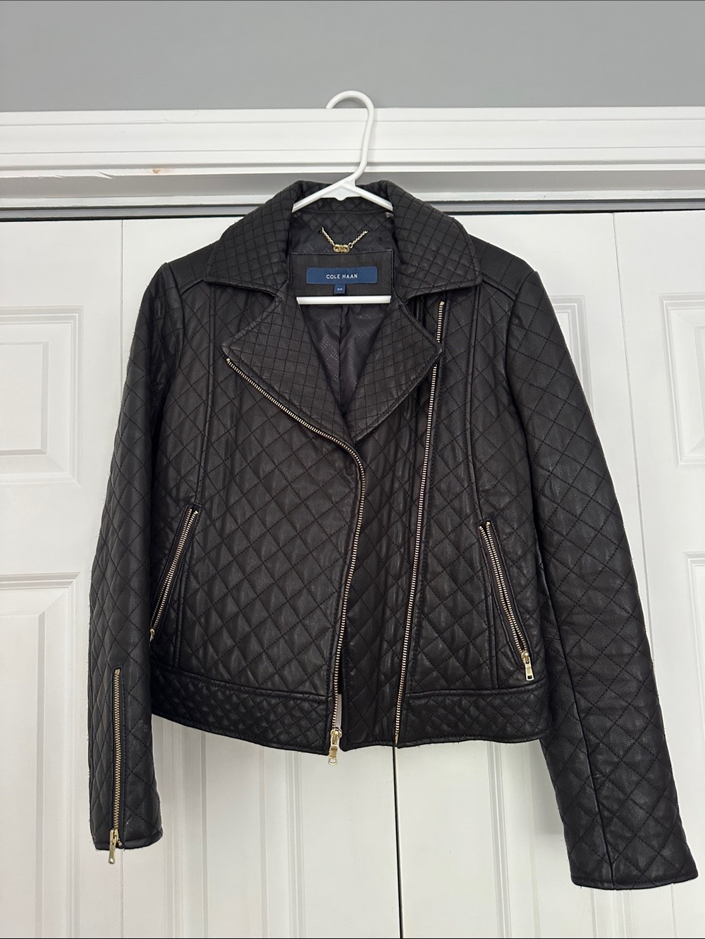 Cole Haan Quilted Black Leather Moto Jacket with Gold Zippers